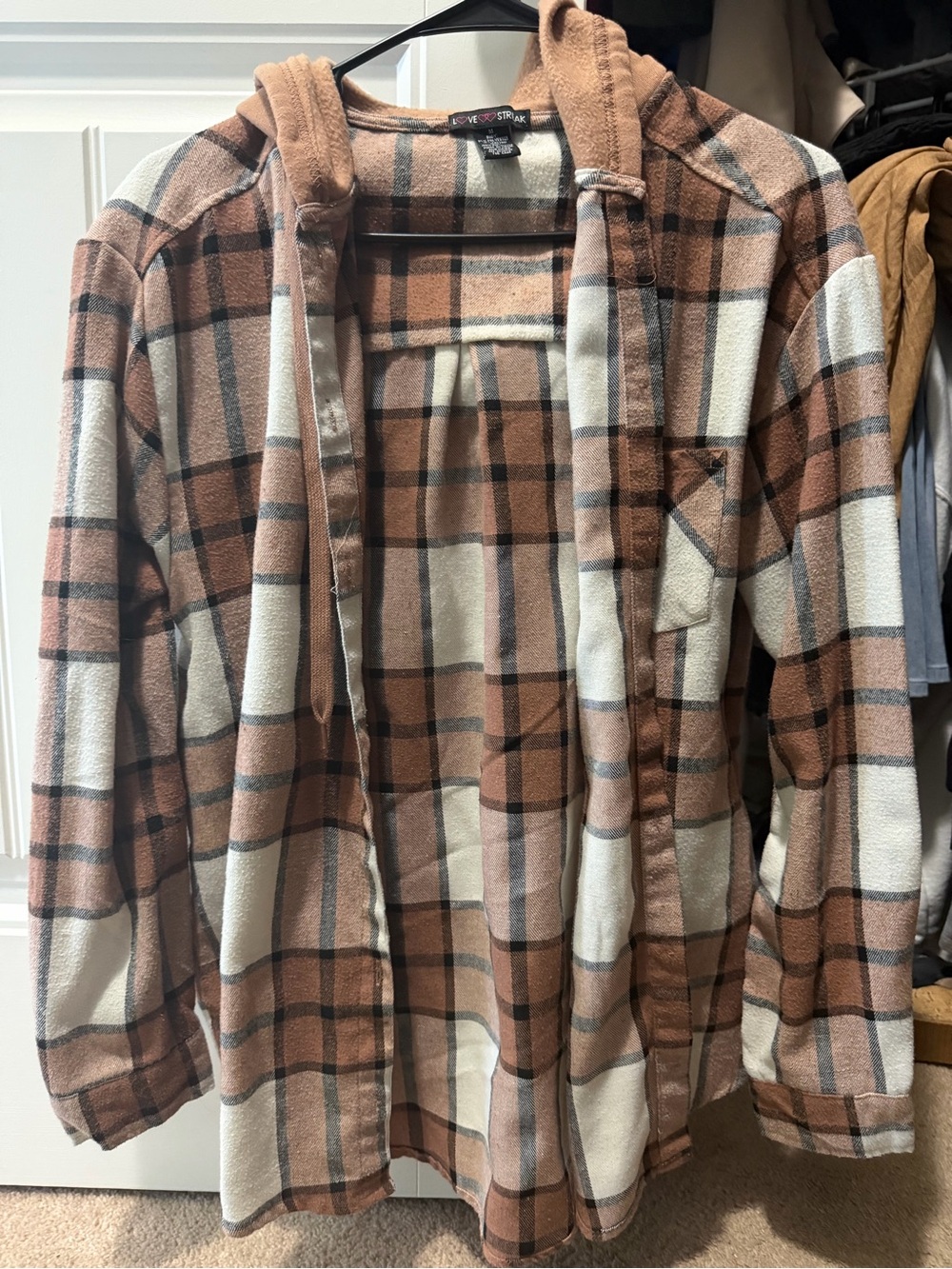 Love Tree Brown and Cream Plaid Hooded Flannel Shirt